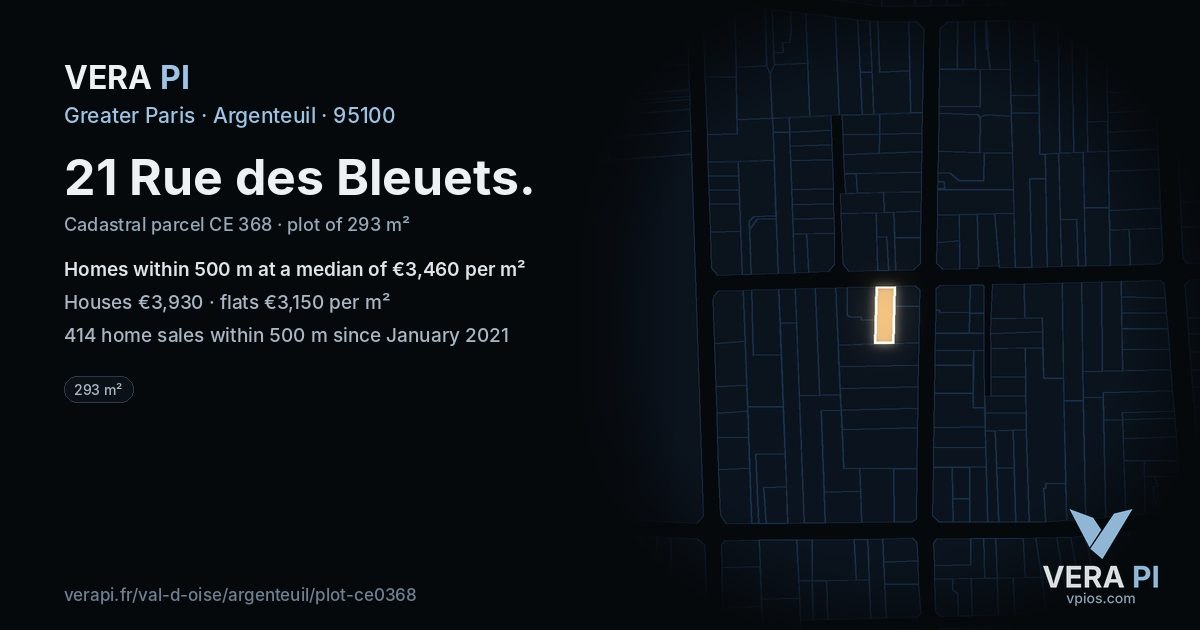 21 Rue des Bleuets, Argenteuil at night – the plot lit, the parcels around coloured by the prices near them
