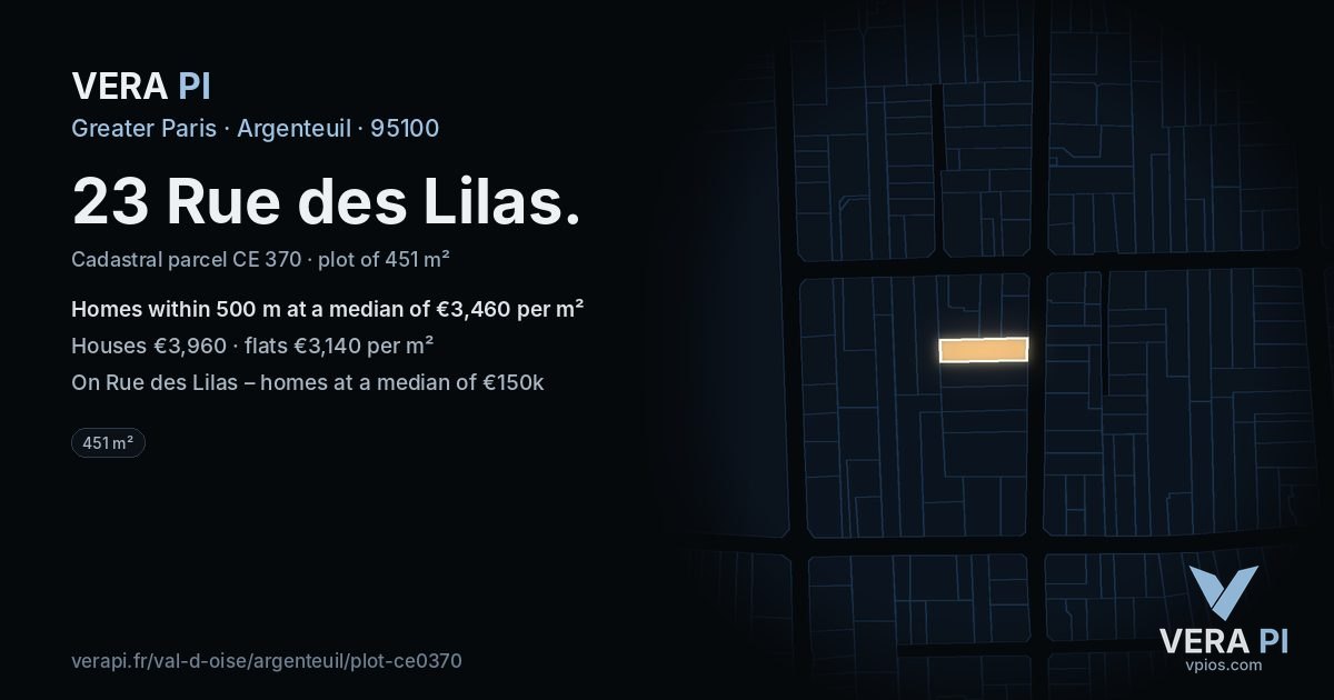23 Rue des Lilas, Argenteuil at night – the plot lit, the parcels around coloured by the prices near them