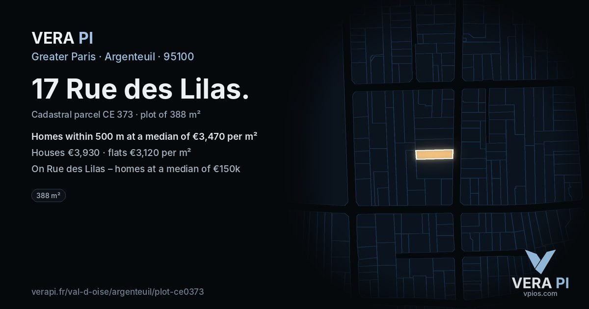17 Rue des Lilas, Argenteuil at night – the plot lit, the parcels around coloured by the prices near them