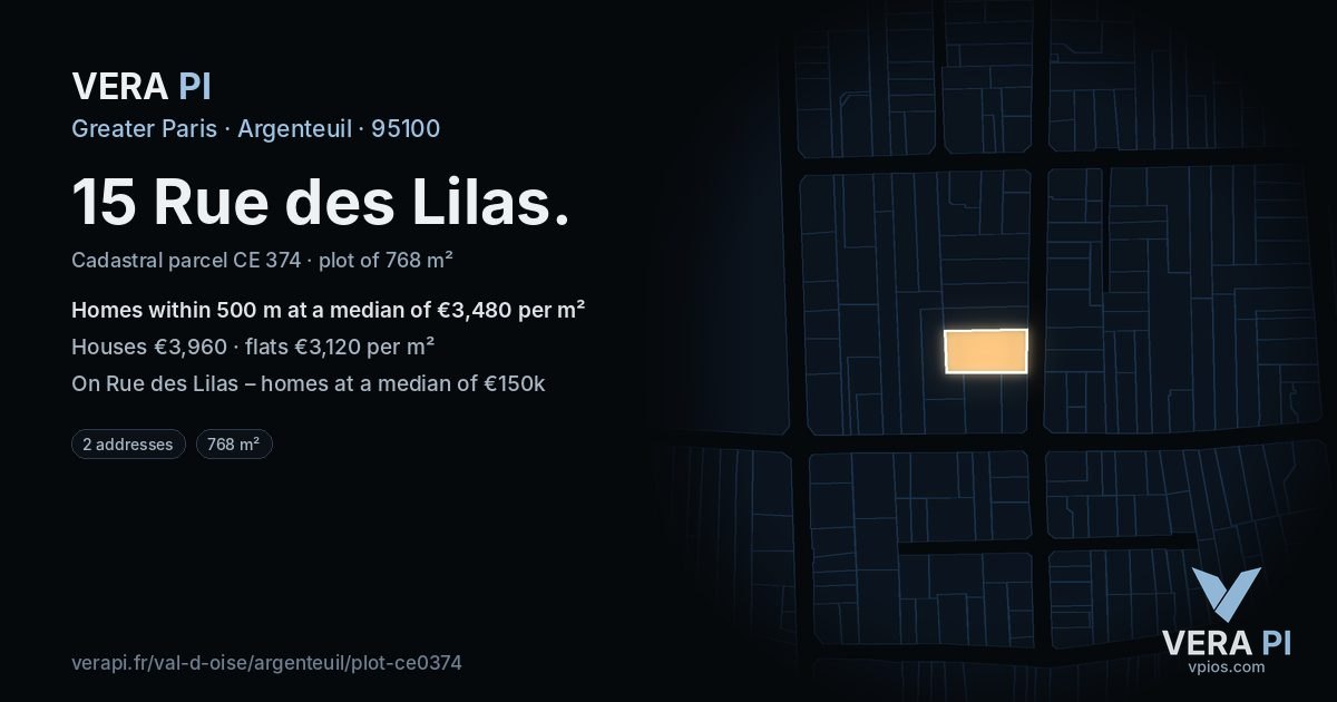 15 Rue des Lilas, Argenteuil at night – the plot lit, the parcels around coloured by the prices near them