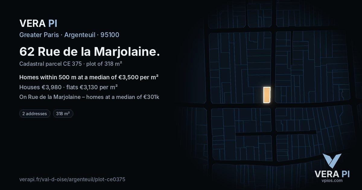 62 Rue de la Marjolaine, Argenteuil at night – the plot lit, the parcels around coloured by the prices near them
