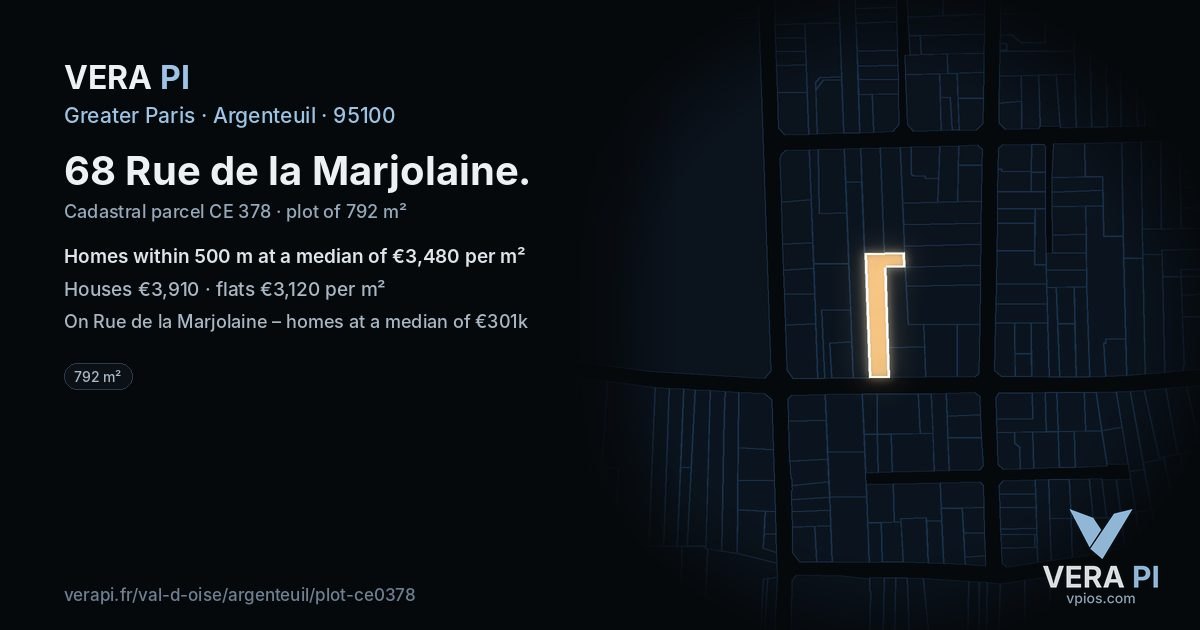68 Rue de la Marjolaine, Argenteuil at night – the plot lit, the parcels around coloured by the prices near them