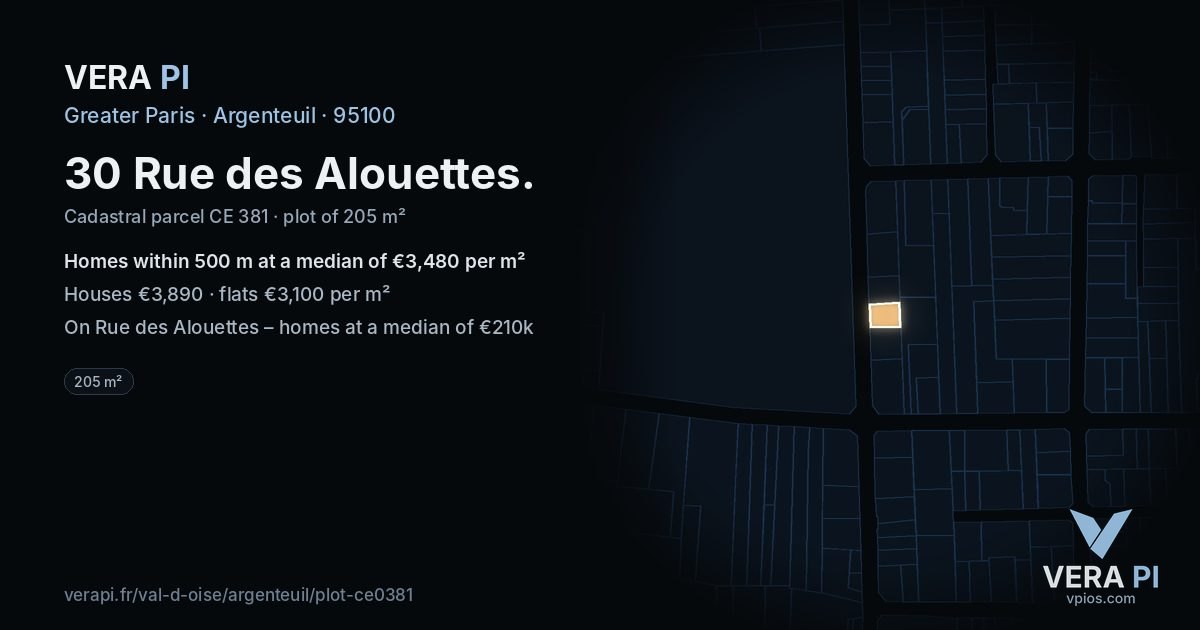 30 Rue des Alouettes, Argenteuil at night – the plot lit, the parcels around coloured by the prices near them