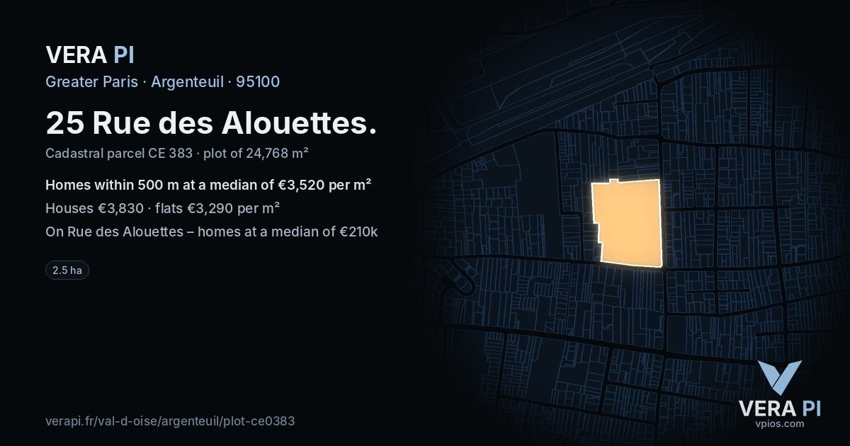 25 Rue des Alouettes, Argenteuil at night – the plot lit, the parcels around coloured by the prices near them