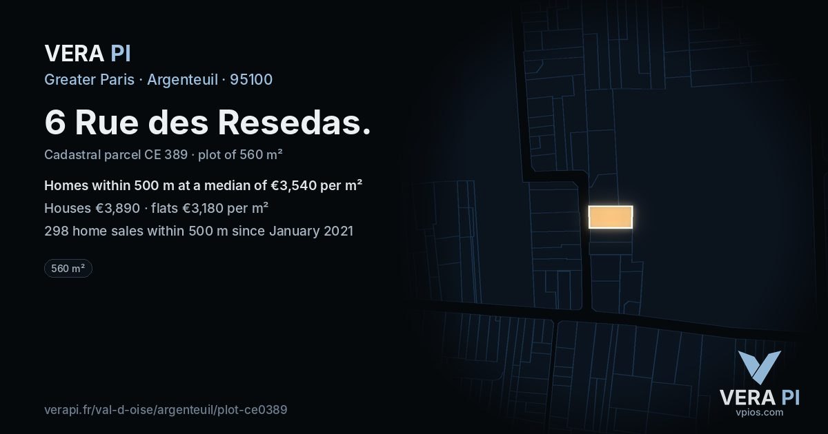 6 Rue des Resedas, Argenteuil at night – the plot lit, the parcels around coloured by the prices near them