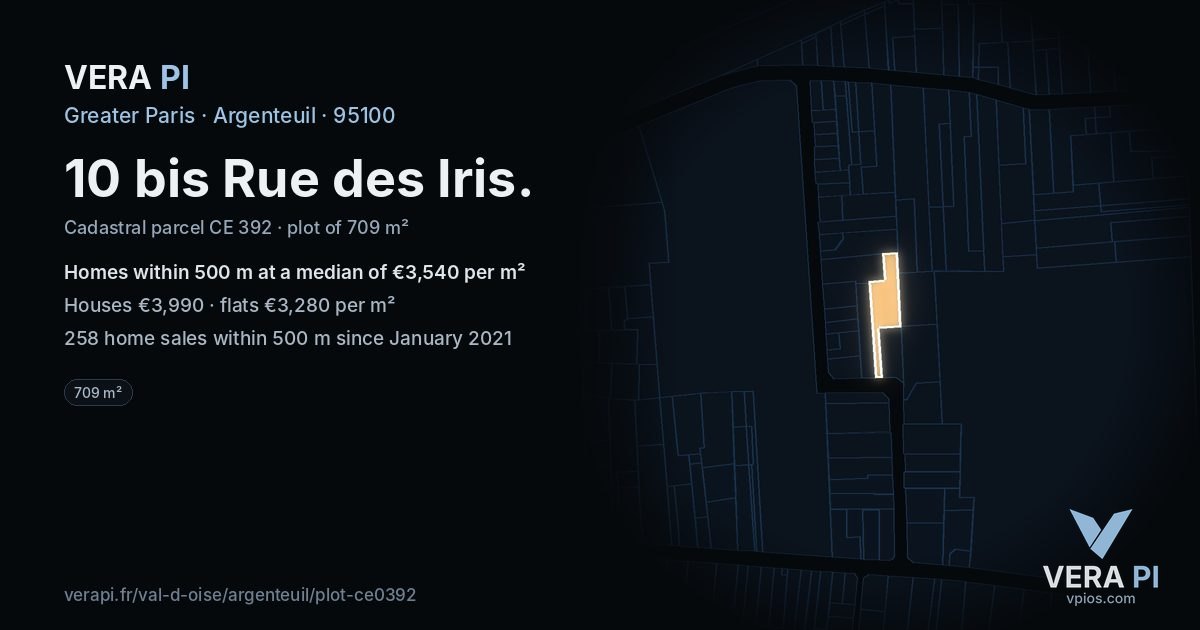 10 bis Rue des Iris, Argenteuil at night – the plot lit, the parcels around coloured by the prices near them