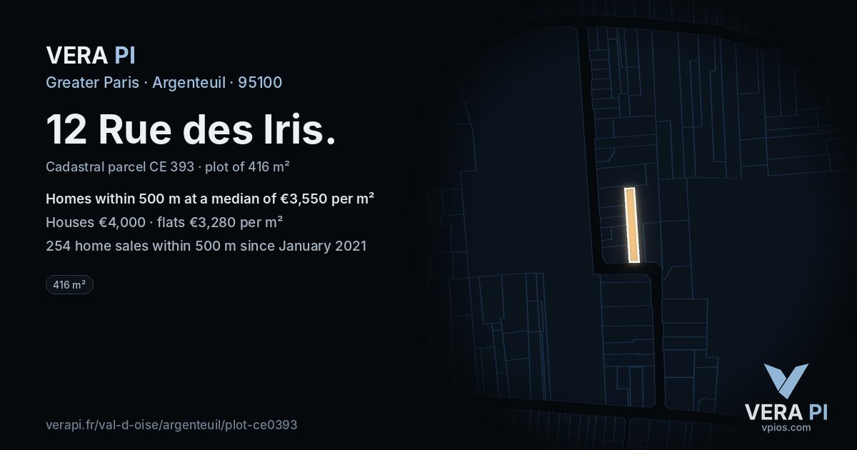 12 Rue des Iris, Argenteuil at night – the plot lit, the parcels around coloured by the prices near them