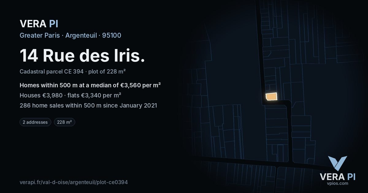 14 Rue des Iris, Argenteuil at night – the plot lit, the parcels around coloured by the prices near them