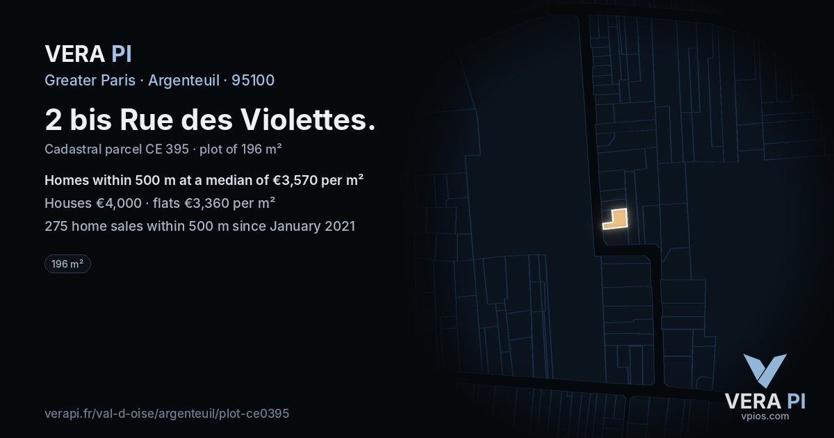 2 bis Rue des Violettes, Argenteuil at night – the plot lit, the parcels around coloured by the prices near them