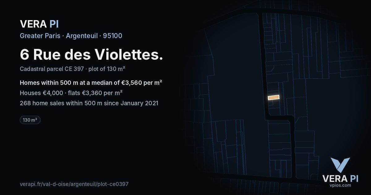 6 Rue des Violettes, Argenteuil at night – the plot lit, the parcels around coloured by the prices near them