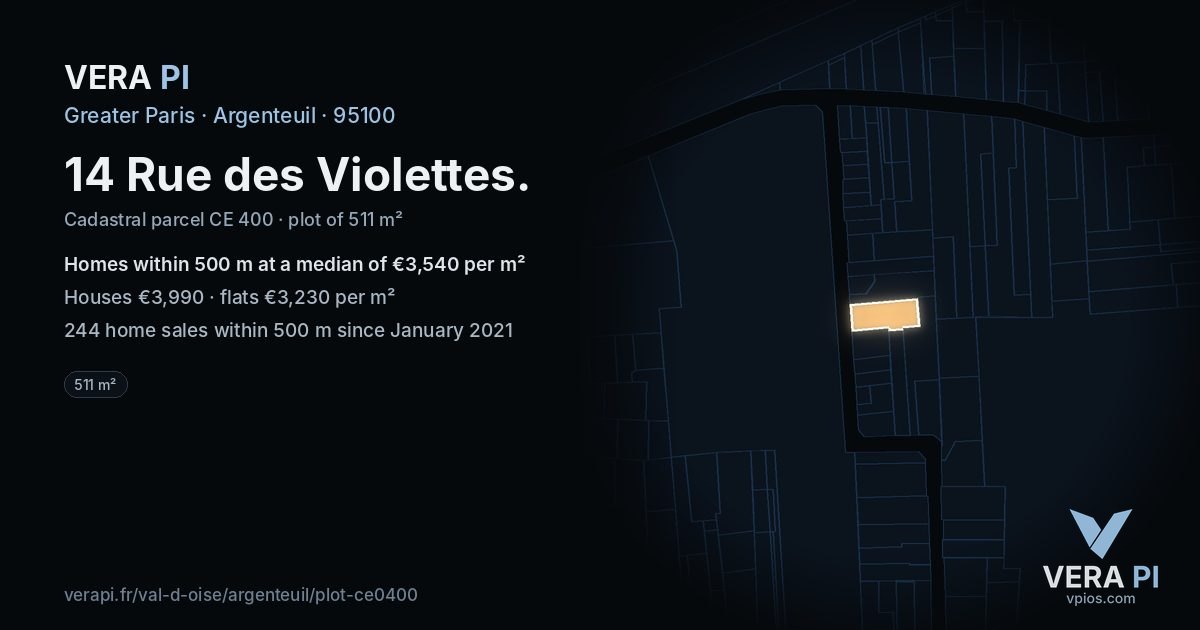 14 Rue des Violettes, Argenteuil at night – the plot lit, the parcels around coloured by the prices near them