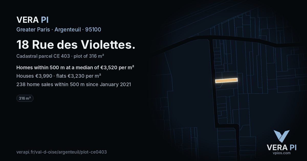 18 Rue des Violettes, Argenteuil at night – the plot lit, the parcels around coloured by the prices near them