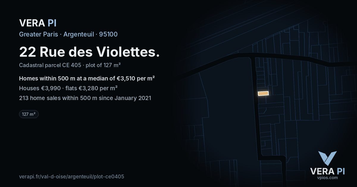 22 Rue des Violettes, Argenteuil at night – the plot lit, the parcels around coloured by the prices near them