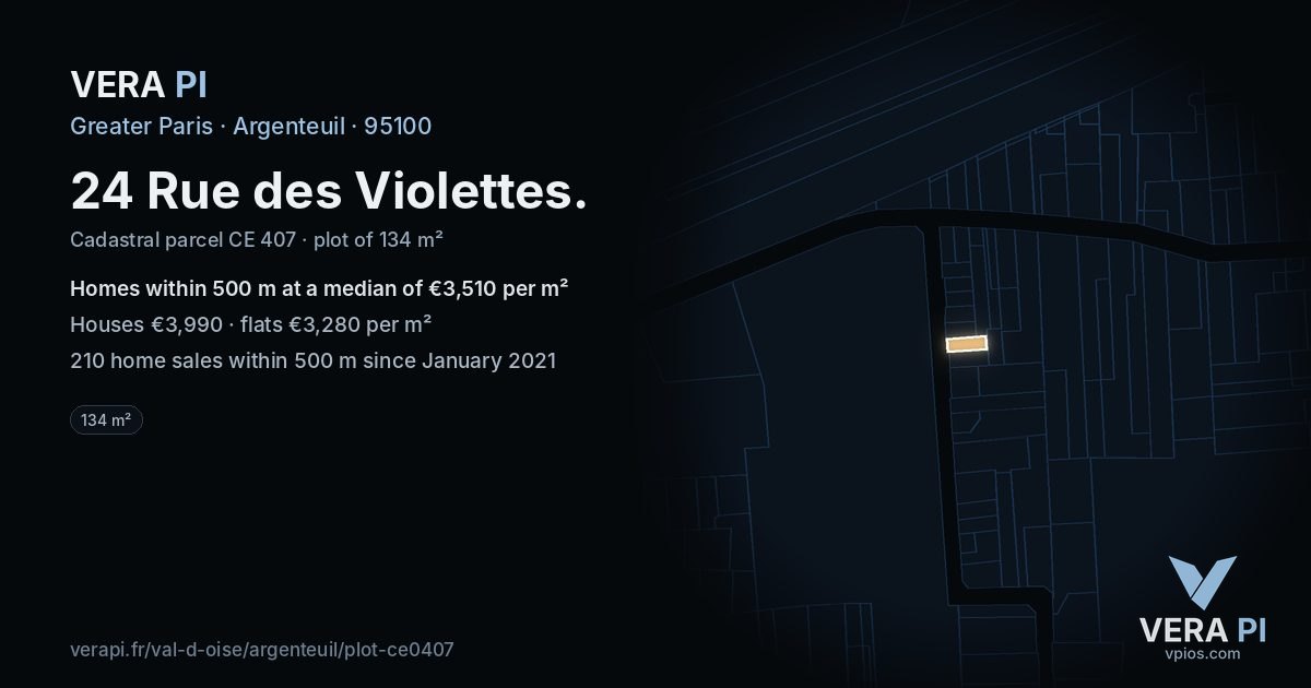 24 Rue des Violettes, Argenteuil at night – the plot lit, the parcels around coloured by the prices near them