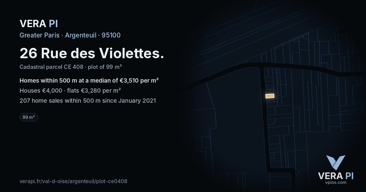 26 Rue des Violettes, Argenteuil at night – the plot lit, the parcels around coloured by the prices near them