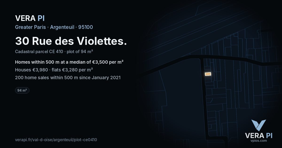 30 Rue des Violettes, Argenteuil at night – the plot lit, the parcels around coloured by the prices near them