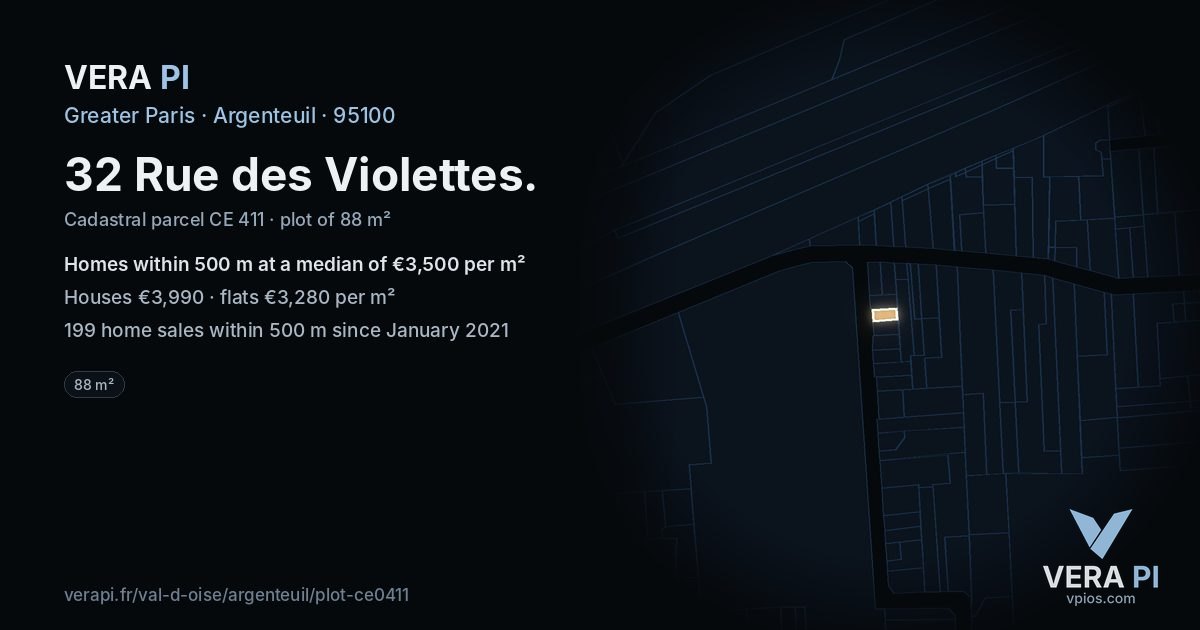 32 Rue des Violettes, Argenteuil at night – the plot lit, the parcels around coloured by the prices near them