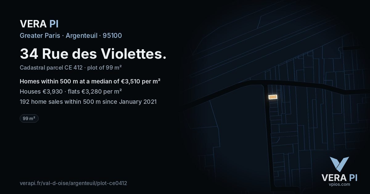 34 Rue des Violettes, Argenteuil at night – the plot lit, the parcels around coloured by the prices near them