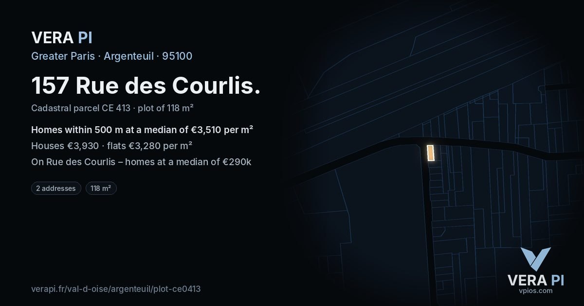 157 Rue des Courlis, Argenteuil at night – the plot lit, the parcels around coloured by the prices near them