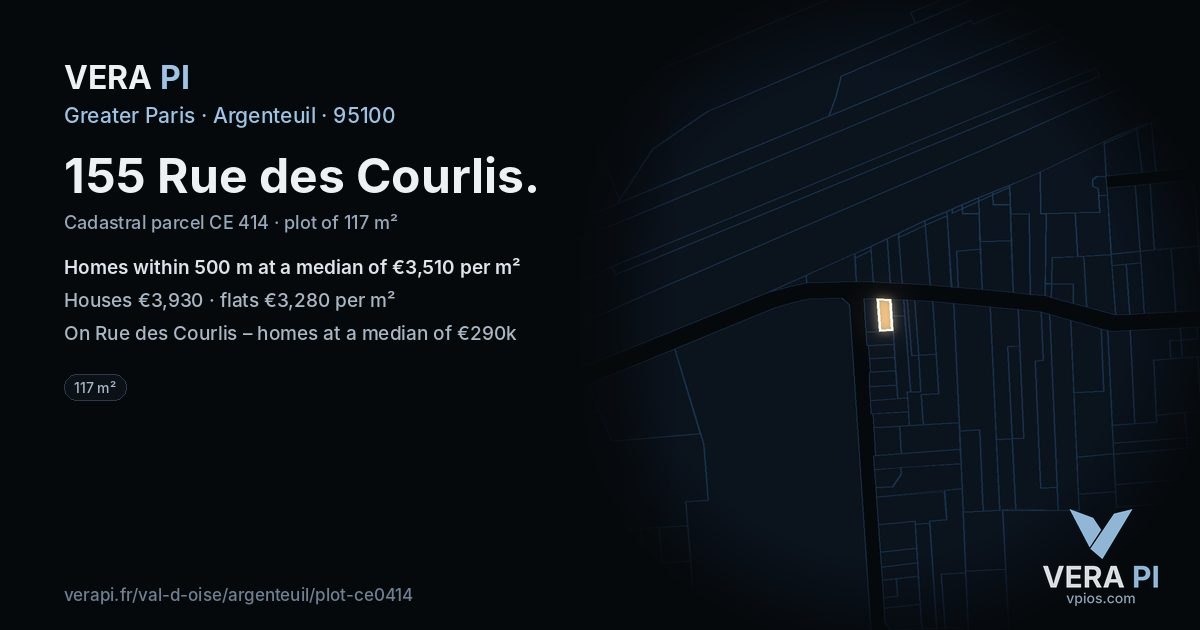 155 Rue des Courlis, Argenteuil at night – the plot lit, the parcels around coloured by the prices near them
