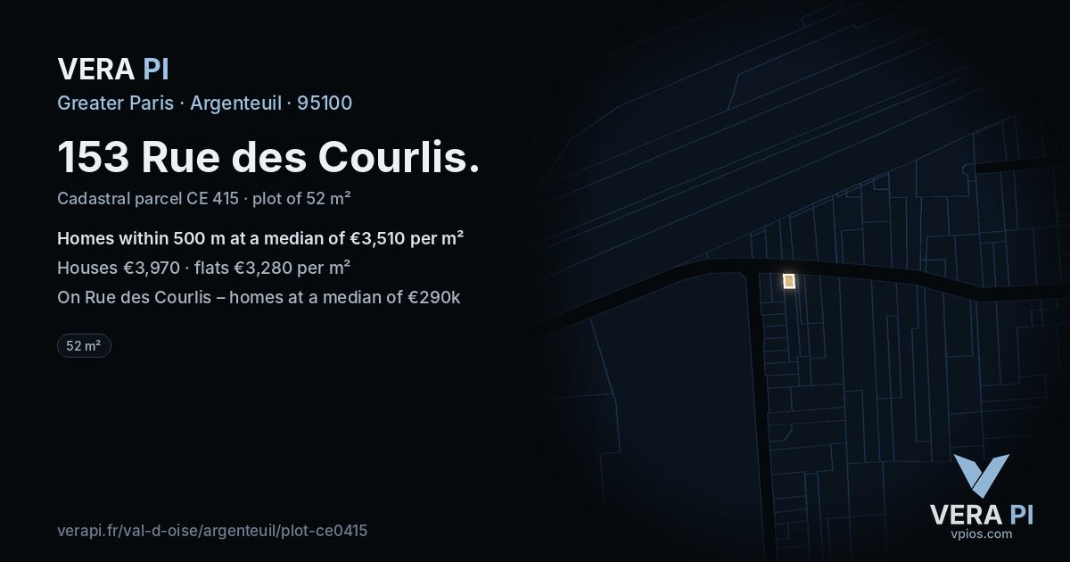 153 Rue des Courlis, Argenteuil at night – the plot lit, the parcels around coloured by the prices near them