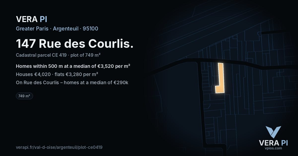 147 Rue des Courlis, Argenteuil at night – the plot lit, the parcels around coloured by the prices near them
