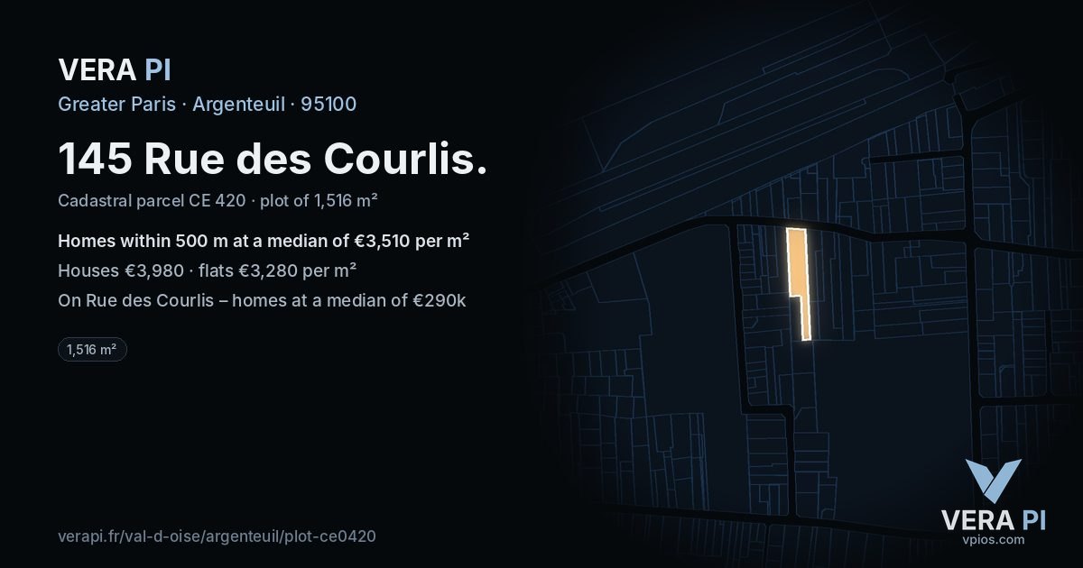 145 Rue des Courlis, Argenteuil at night – the plot lit, the parcels around coloured by the prices near them