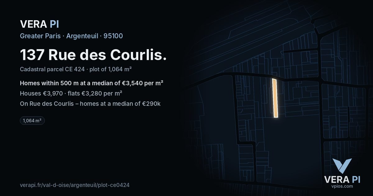 137 Rue des Courlis, Argenteuil at night – the plot lit, the parcels around coloured by the prices near them