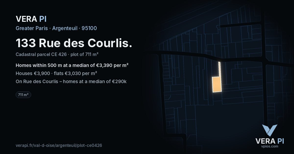 133 Rue des Courlis, Argenteuil at night – the plot lit, the parcels around coloured by the prices near them