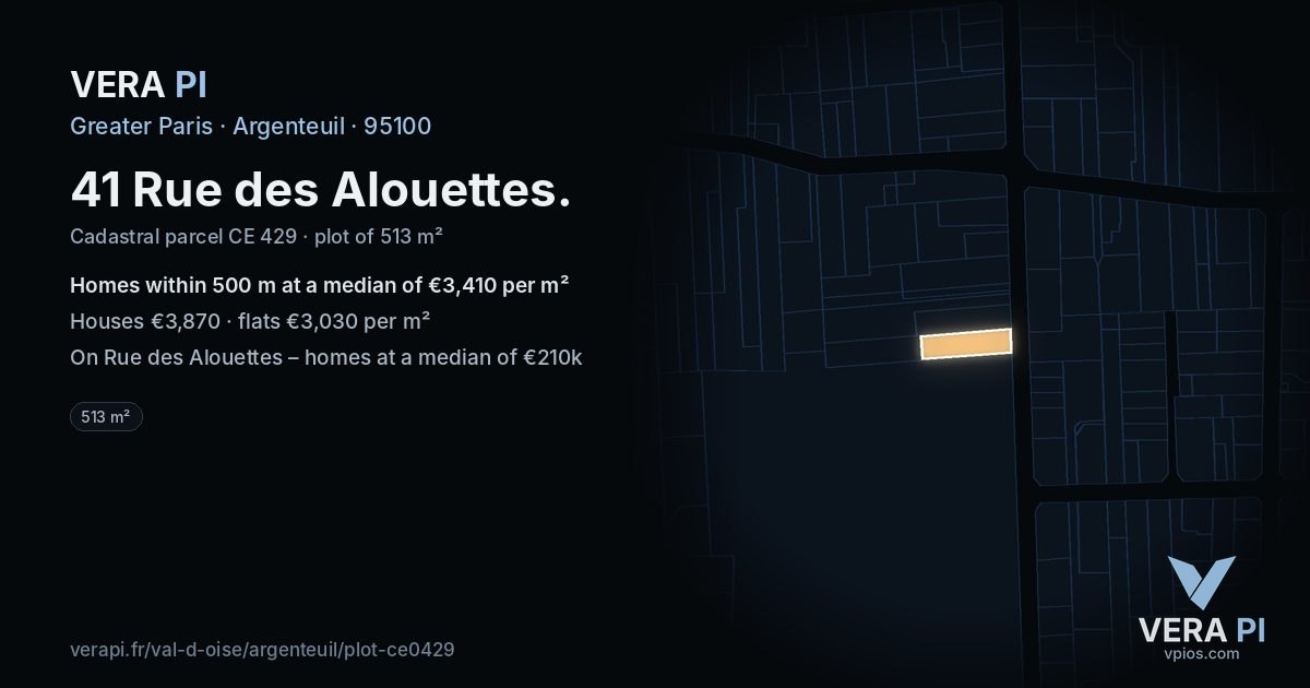 41 Rue des Alouettes, Argenteuil at night – the plot lit, the parcels around coloured by the prices near them