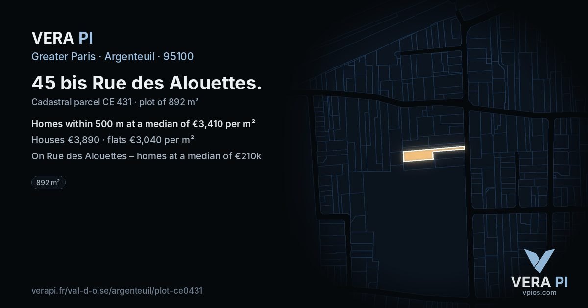 45 bis Rue des Alouettes, Argenteuil at night – the plot lit, the parcels around coloured by the prices near them