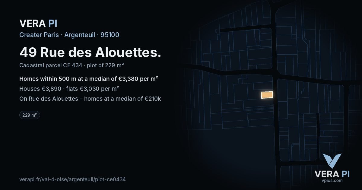 49 Rue des Alouettes, Argenteuil at night – the plot lit, the parcels around coloured by the prices near them