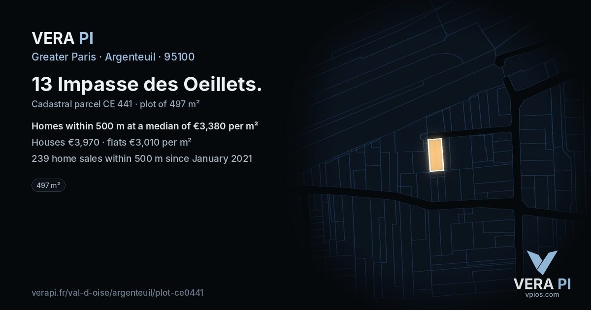 13 Impasse des Oeillets, Argenteuil at night – the plot lit, the parcels around coloured by the prices near them