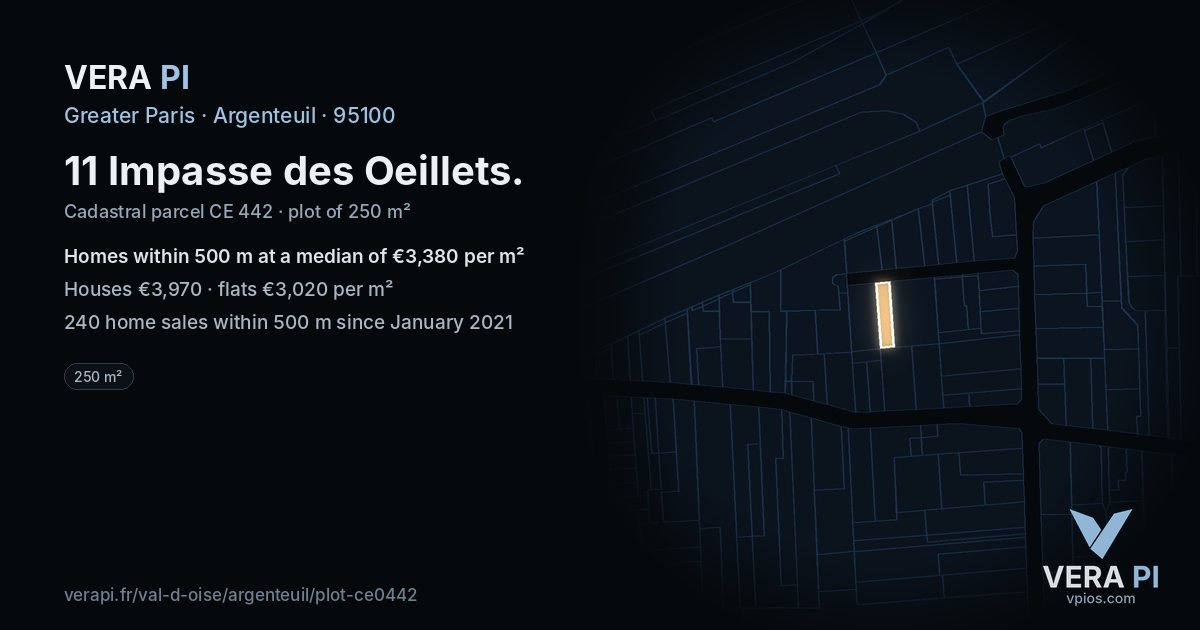 11 Impasse des Oeillets, Argenteuil at night – the plot lit, the parcels around coloured by the prices near them