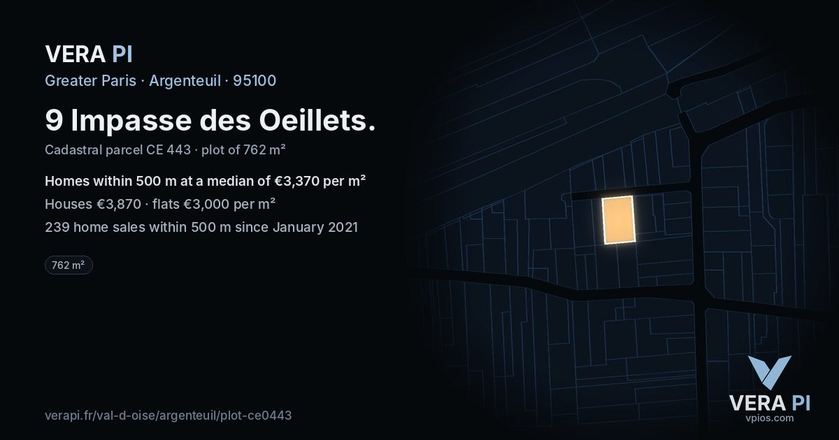 9 Impasse des Oeillets, Argenteuil at night – the plot lit, the parcels around coloured by the prices near them