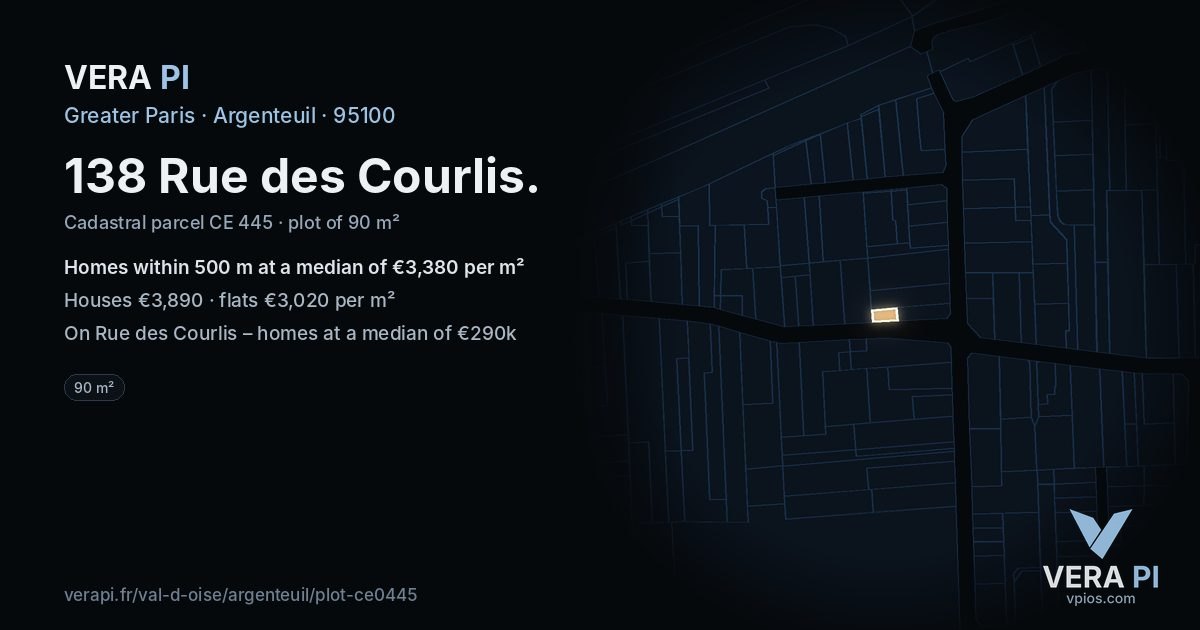 138 Rue des Courlis, Argenteuil at night – the plot lit, the parcels around coloured by the prices near them