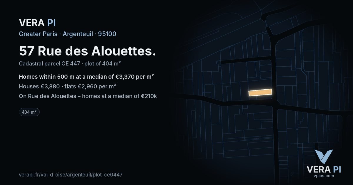 57 Rue des Alouettes, Argenteuil at night – the plot lit, the parcels around coloured by the prices near them