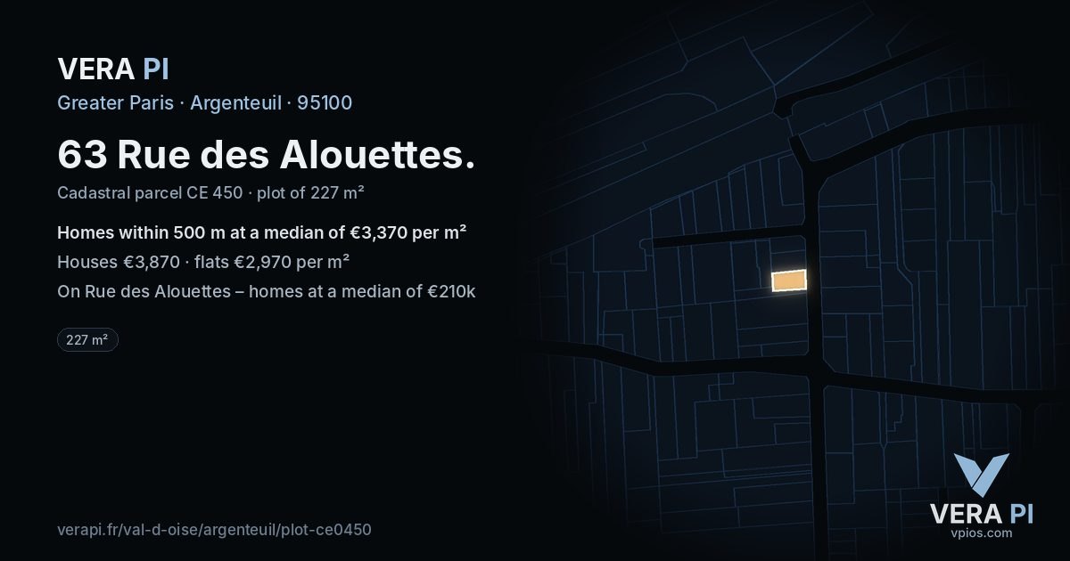 63 Rue des Alouettes, Argenteuil at night – the plot lit, the parcels around coloured by the prices near them