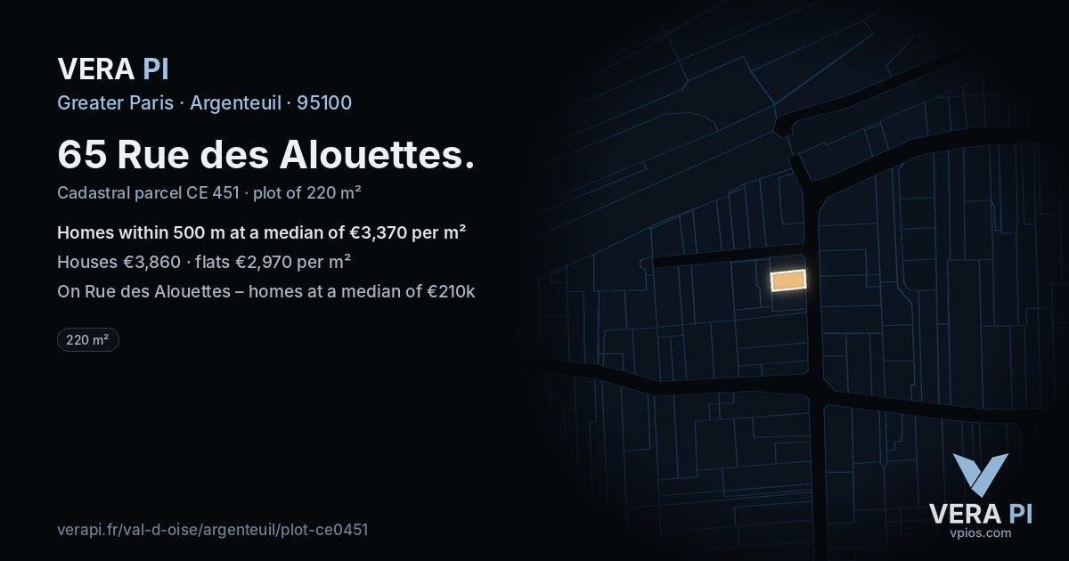 65 Rue des Alouettes, Argenteuil at night – the plot lit, the parcels around coloured by the prices near them