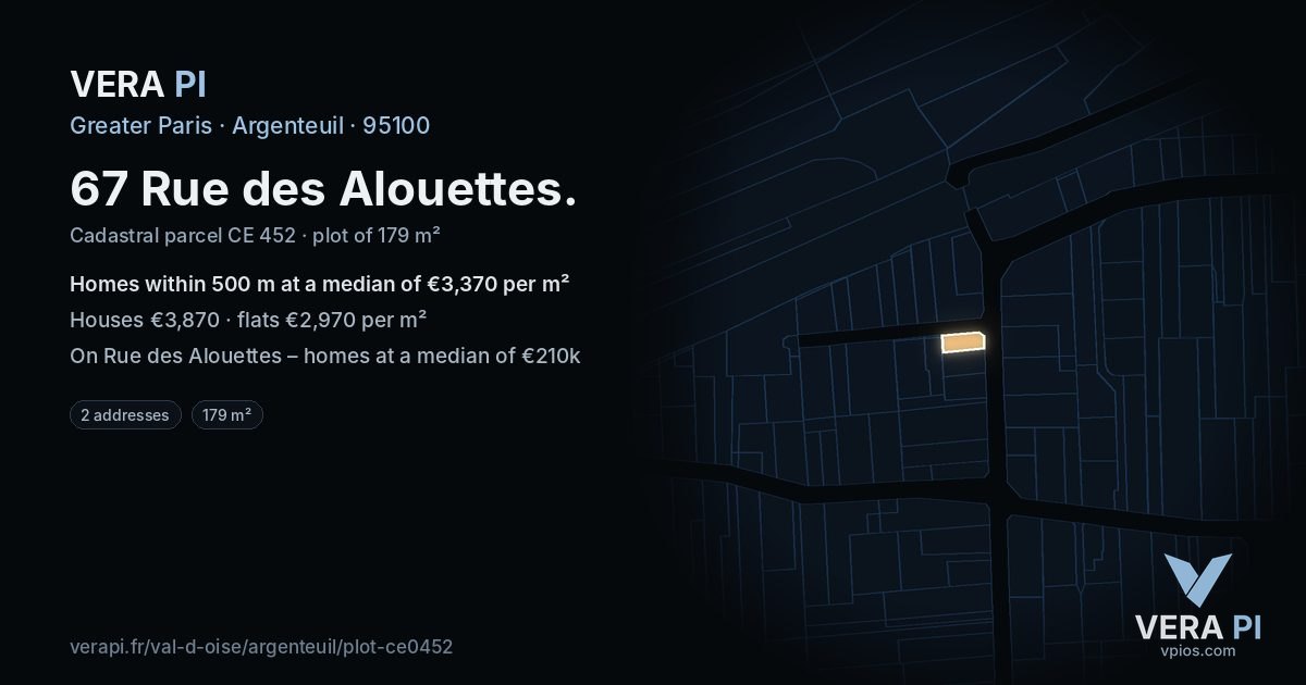 67 Rue des Alouettes, Argenteuil at night – the plot lit, the parcels around coloured by the prices near them