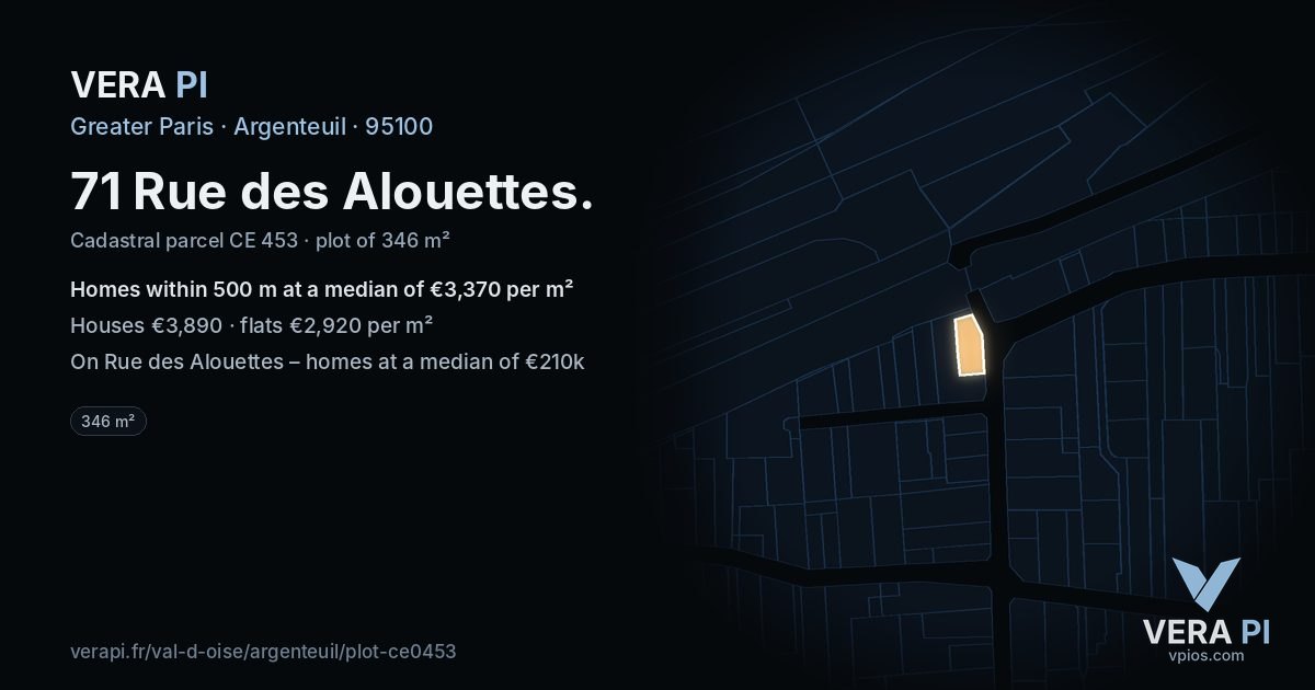 71 Rue des Alouettes, Argenteuil at night – the plot lit, the parcels around coloured by the prices near them