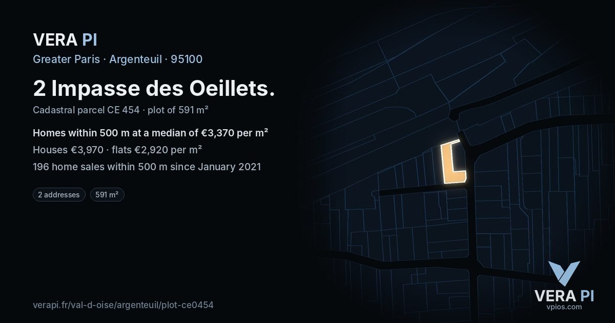2 Impasse des Oeillets, Argenteuil at night – the plot lit, the parcels around coloured by the prices near them