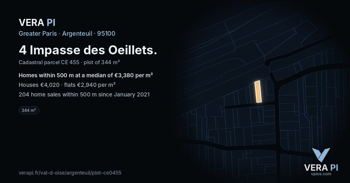 4 Impasse des Oeillets, Argenteuil at night – the plot lit, the parcels around coloured by the prices near them