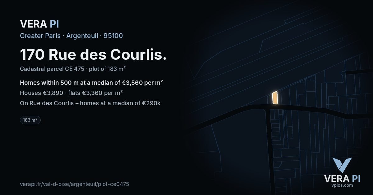 170 Rue des Courlis, Argenteuil at night – the plot lit, the parcels around coloured by the prices near them