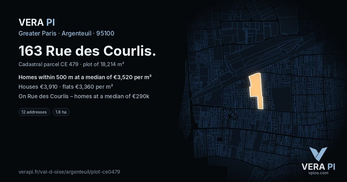 163 Rue des Courlis, Argenteuil at night – the plot lit, the parcels around coloured by the prices near them