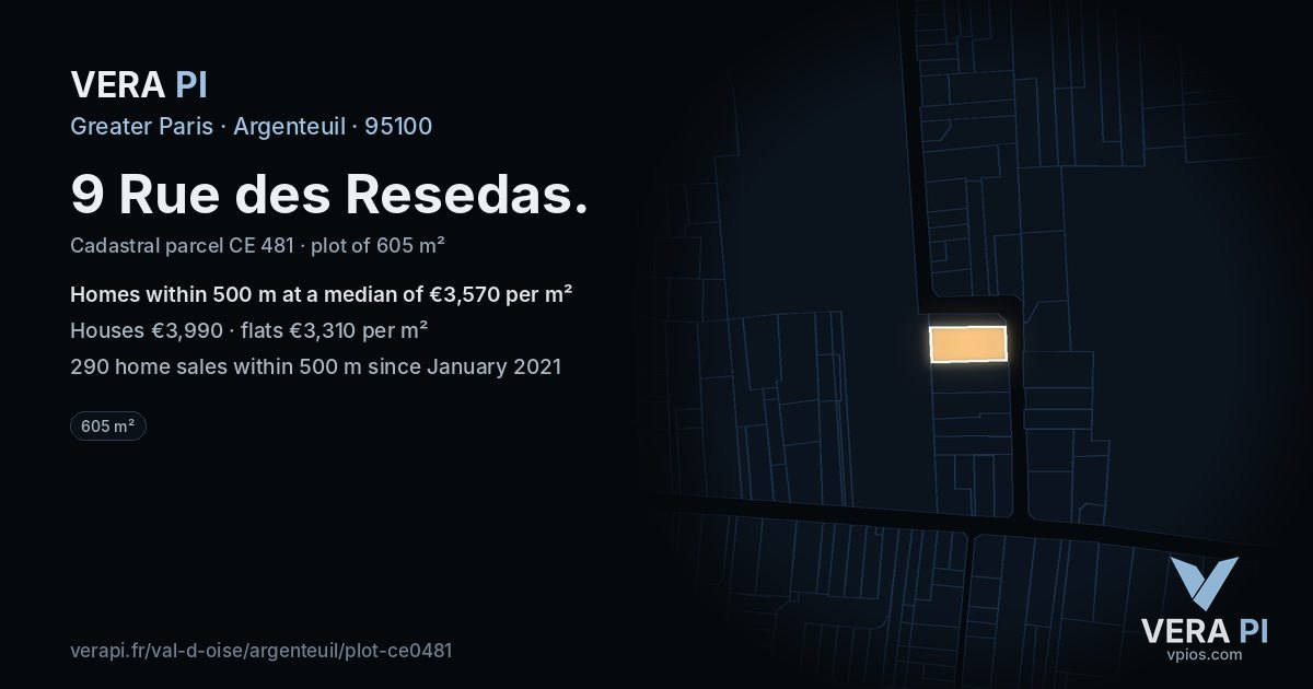 9 Rue des Resedas, Argenteuil at night – the plot lit, the parcels around coloured by the prices near them