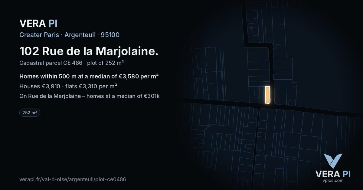 102 Rue de la Marjolaine, Argenteuil at night – the plot lit, the parcels around coloured by the prices near them