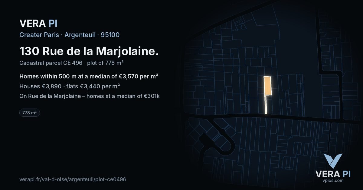 130 Rue de la Marjolaine, Argenteuil at night – the plot lit, the parcels around coloured by the prices near them
