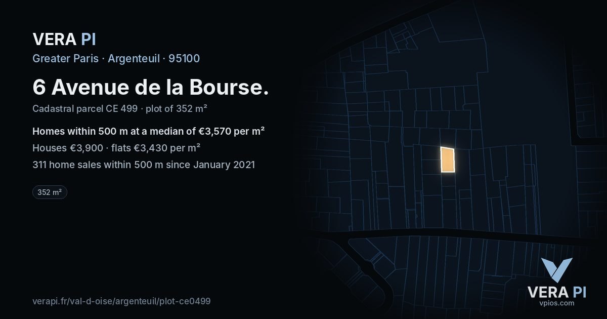 6 Avenue de la Bourse, Argenteuil at night – the plot lit, the parcels around coloured by the prices near them