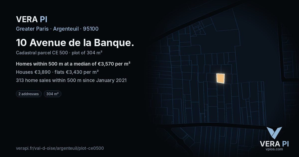10 Avenue de la Banque, Argenteuil at night – the plot lit, the parcels around coloured by the prices near them